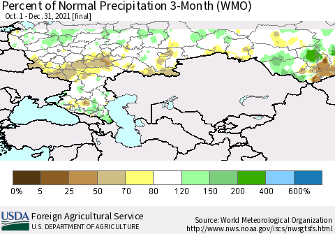 Russian Federation Percent of Normal Precipitation 3-Month (WMO) Thematic Map For 10/1/2021 - 12/31/2021