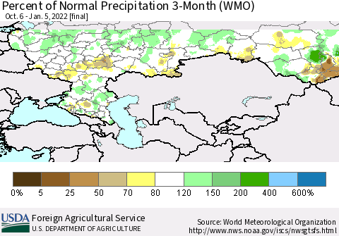 Russian Federation Percent of Normal Precipitation 3-Month (WMO) Thematic Map For 10/6/2021 - 1/5/2022