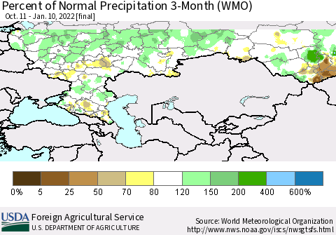 Russian Federation Percent of Normal Precipitation 3-Month (WMO) Thematic Map For 10/11/2021 - 1/10/2022