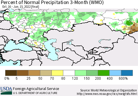 Russian Federation Percent of Normal Precipitation 3-Month (WMO) Thematic Map For 10/16/2021 - 1/15/2022