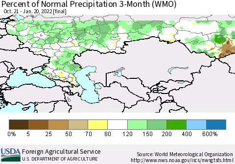 Russian Federation Percent of Normal Precipitation 3-Month (WMO) Thematic Map For 10/21/2021 - 1/20/2022
