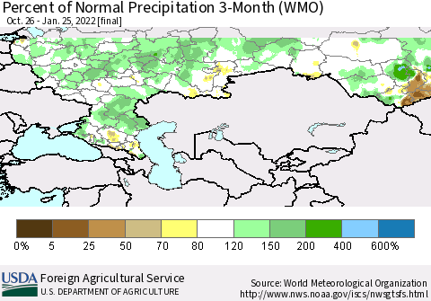 Russian Federation Percent of Normal Precipitation 3-Month (WMO) Thematic Map For 10/26/2021 - 1/25/2022