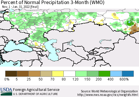 Russian Federation Percent of Normal Precipitation 3-Month (WMO) Thematic Map For 11/1/2021 - 1/31/2022