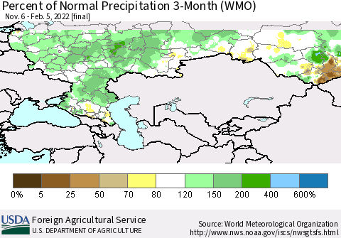 Russian Federation Percent of Normal Precipitation 3-Month (WMO) Thematic Map For 11/6/2021 - 2/5/2022