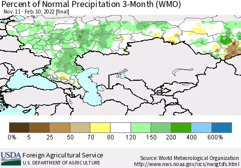 Russian Federation Percent of Normal Precipitation 3-Month (WMO) Thematic Map For 11/11/2021 - 2/10/2022