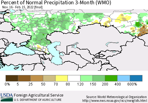 Russian Federation Percent of Normal Precipitation 3-Month (WMO) Thematic Map For 11/16/2021 - 2/15/2022