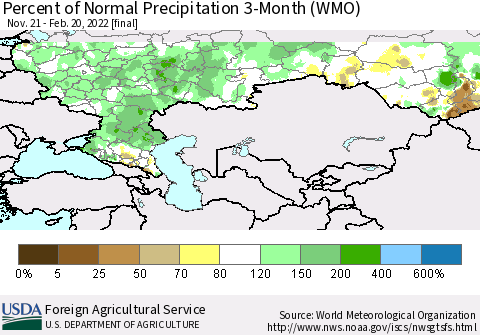 Russian Federation Percent of Normal Precipitation 3-Month (WMO) Thematic Map For 11/21/2021 - 2/20/2022