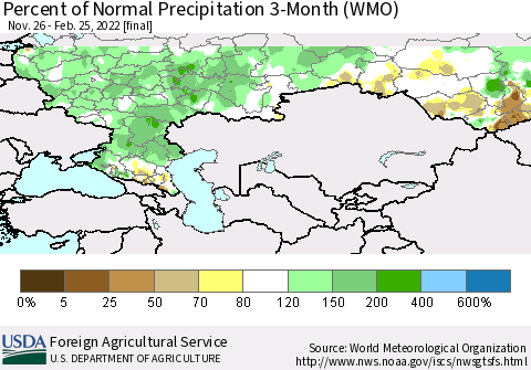 Russian Federation Percent of Normal Precipitation 3-Month (WMO) Thematic Map For 11/26/2021 - 2/25/2022