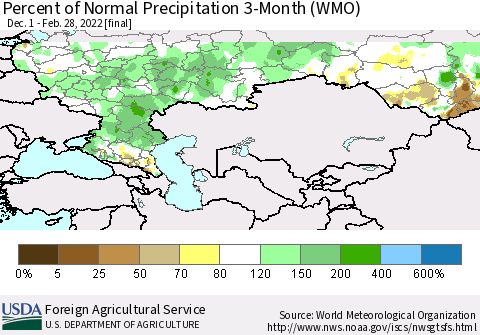 Russian Federation Percent of Normal Precipitation 3-Month (WMO) Thematic Map For 12/1/2021 - 2/28/2022