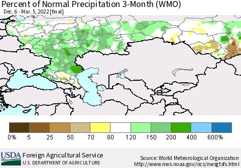 Russian Federation Percent of Normal Precipitation 3-Month (WMO) Thematic Map For 12/6/2021 - 3/5/2022