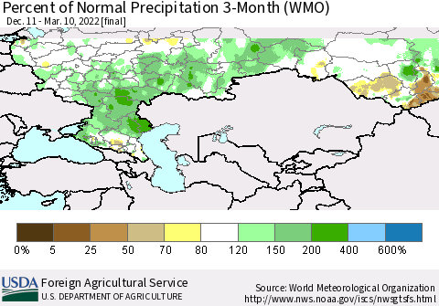Russian Federation Percent of Normal Precipitation 3-Month (WMO) Thematic Map For 12/11/2021 - 3/10/2022