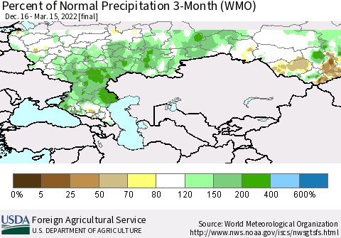 Russian Federation Percent of Normal Precipitation 3-Month (WMO) Thematic Map For 12/16/2021 - 3/15/2022