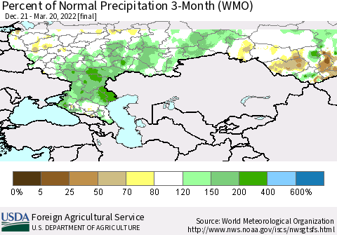 Russian Federation Percent of Normal Precipitation 3-Month (WMO) Thematic Map For 12/21/2021 - 3/20/2022