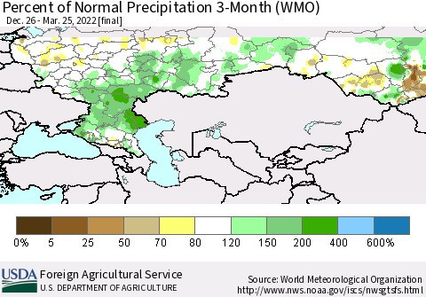 Russian Federation Percent of Normal Precipitation 3-Month (WMO) Thematic Map For 12/26/2021 - 3/25/2022