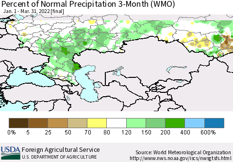 Russian Federation Percent of Normal Precipitation 3-Month (WMO) Thematic Map For 1/1/2022 - 3/31/2022