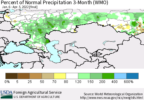 Russian Federation Percent of Normal Precipitation 3-Month (WMO) Thematic Map For 1/6/2022 - 4/5/2022