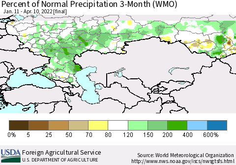 Russian Federation Percent of Normal Precipitation 3-Month (WMO) Thematic Map For 1/11/2022 - 4/10/2022