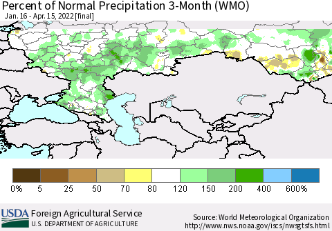 Russian Federation Percent of Normal Precipitation 3-Month (WMO) Thematic Map For 1/16/2022 - 4/15/2022