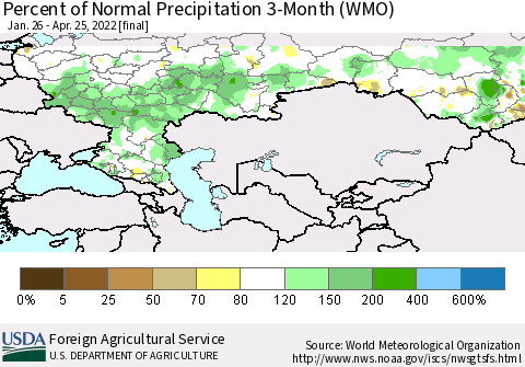 Russian Federation Percent of Normal Precipitation 3-Month (WMO) Thematic Map For 1/26/2022 - 4/25/2022