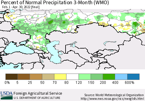 Russian Federation Percent of Normal Precipitation 3-Month (WMO) Thematic Map For 2/1/2022 - 4/30/2022