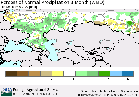 Russian Federation Percent of Normal Precipitation 3-Month (WMO) Thematic Map For 2/6/2022 - 5/5/2022