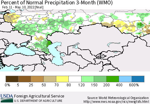 Russian Federation Percent of Normal Precipitation 3-Month (WMO) Thematic Map For 2/11/2022 - 5/10/2022