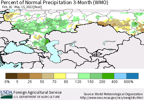 Russian Federation Percent of Normal Precipitation 3-Month (WMO) Thematic Map For 2/16/2022 - 5/15/2022