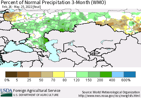 Russian Federation Percent of Normal Precipitation 3-Month (WMO) Thematic Map For 2/26/2022 - 5/25/2022