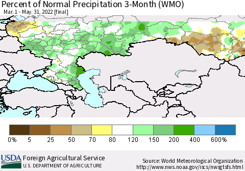 Russian Federation Percent of Normal Precipitation 3-Month (WMO) Thematic Map For 3/1/2022 - 5/31/2022