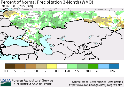 Russian Federation Percent of Normal Precipitation 3-Month (WMO) Thematic Map For 3/6/2022 - 6/5/2022