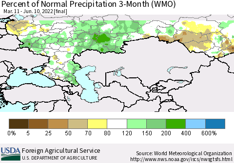 Russian Federation Percent of Normal Precipitation 3-Month (WMO) Thematic Map For 3/11/2022 - 6/10/2022