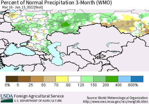 Russian Federation Percent of Normal Precipitation 3-Month (WMO) Thematic Map For 3/16/2022 - 6/15/2022
