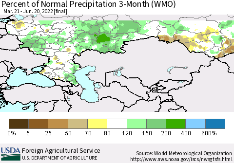 Russian Federation Percent of Normal Precipitation 3-Month (WMO) Thematic Map For 3/21/2022 - 6/20/2022