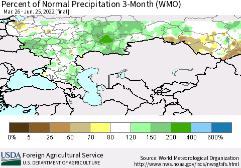 Russian Federation Percent of Normal Precipitation 3-Month (WMO) Thematic Map For 3/26/2022 - 6/25/2022