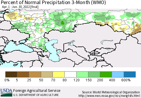 Russian Federation Percent of Normal Precipitation 3-Month (WMO) Thematic Map For 4/1/2022 - 6/30/2022