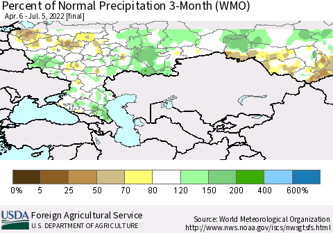 Russian Federation Percent of Normal Precipitation 3-Month (WMO) Thematic Map For 4/6/2022 - 7/5/2022