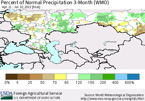 Russian Federation Percent of Normal Precipitation 3-Month (WMO) Thematic Map For 4/11/2022 - 7/10/2022