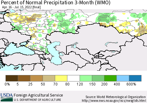 Russian Federation Percent of Normal Precipitation 3-Month (WMO) Thematic Map For 4/16/2022 - 7/15/2022