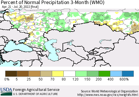 Russian Federation Percent of Normal Precipitation 3-Month (WMO) Thematic Map For 4/21/2022 - 7/20/2022