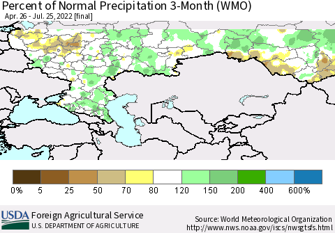 Russian Federation Percent of Normal Precipitation 3-Month (WMO) Thematic Map For 4/26/2022 - 7/25/2022