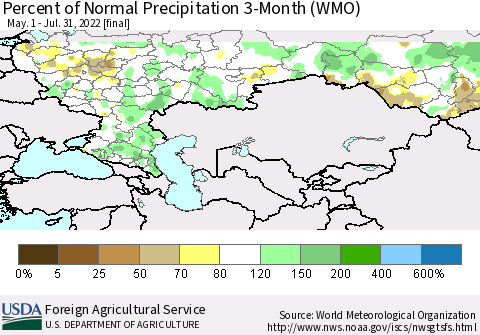 Russian Federation Percent of Normal Precipitation 3-Month (WMO) Thematic Map For 5/1/2022 - 7/31/2022