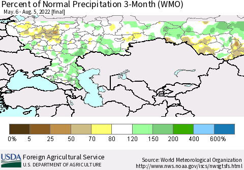 Russian Federation Percent of Normal Precipitation 3-Month (WMO) Thematic Map For 5/6/2022 - 8/5/2022