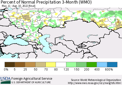 Russian Federation Percent of Normal Precipitation 3-Month (WMO) Thematic Map For 5/11/2022 - 8/10/2022