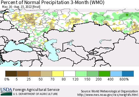 Russian Federation Percent of Normal Precipitation 3-Month (WMO) Thematic Map For 5/16/2022 - 8/15/2022