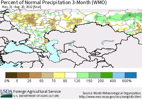Russian Federation Percent of Normal Precipitation 3-Month (WMO) Thematic Map For 5/21/2022 - 8/20/2022