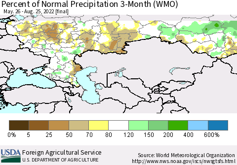 Russian Federation Percent of Normal Precipitation 3-Month (WMO) Thematic Map For 5/26/2022 - 8/25/2022