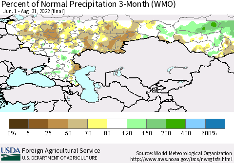 Russian Federation Percent of Normal Precipitation 3-Month (WMO) Thematic Map For 6/1/2022 - 8/31/2022