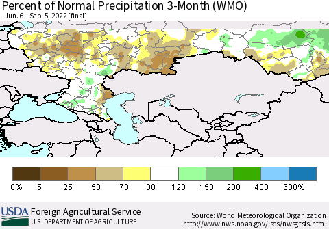 Russian Federation Percent of Normal Precipitation 3-Month (WMO) Thematic Map For 6/6/2022 - 9/5/2022