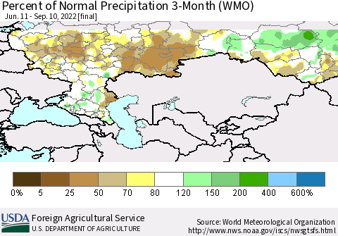 Russian Federation Percent of Normal Precipitation 3-Month (WMO) Thematic Map For 6/11/2022 - 9/10/2022