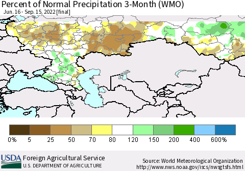 Russian Federation Percent of Normal Precipitation 3-Month (WMO) Thematic Map For 6/16/2022 - 9/15/2022